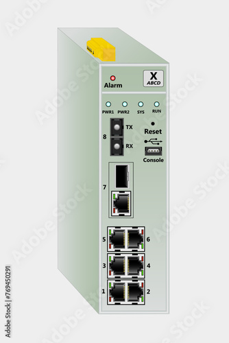 Industrial router for DIN rail mounting. Contains 6 RJ-45 ports, 1 fiber optic single-mode SC port, one USB console port, 1 combo SFP+RJ-45 port.
At the top is the power connector. Vector. photo