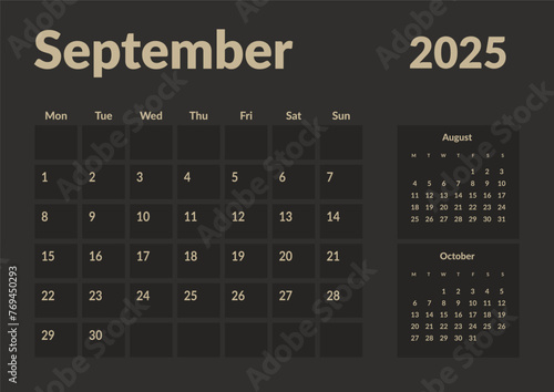 Monthly page Calendar Planner Templates of September 2025. Vector layout of simple calendar with week start Monday for print. Page for size A4 or 21x29.7 cm in dark color