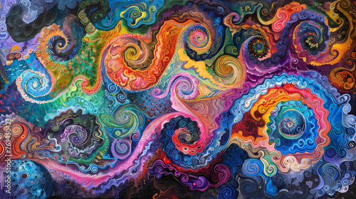 Intricate spirals of vibrant colors intertwining and overlapping, creating a sense of harmony and balance on the canvas. photo