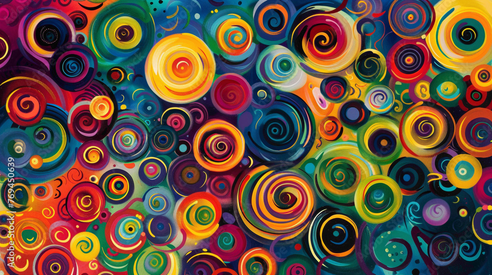Intricate spirals of vibrant colors, each loop adding to the dynamic and captivating composition on the canvas.