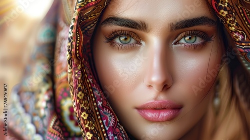 Fashion portrait of a lovely arabian woman with beautiful facial features, Vogue magazine style photo