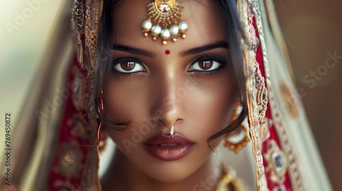 Fashion portrait of a lovely indian woman with beautiful facial features, Vogue magazine style photo