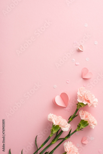 Mother's Day artistic concept. Top view vertical photo of pink carnations, small hearts, and confetti on a blush backdrop, with an area for text