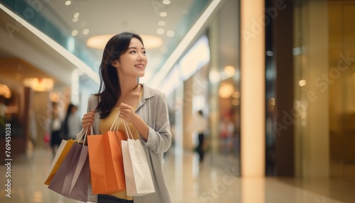 Cheerful Asian woman holding shopping bags. Beautiful young Asian woman shopping in the mall.