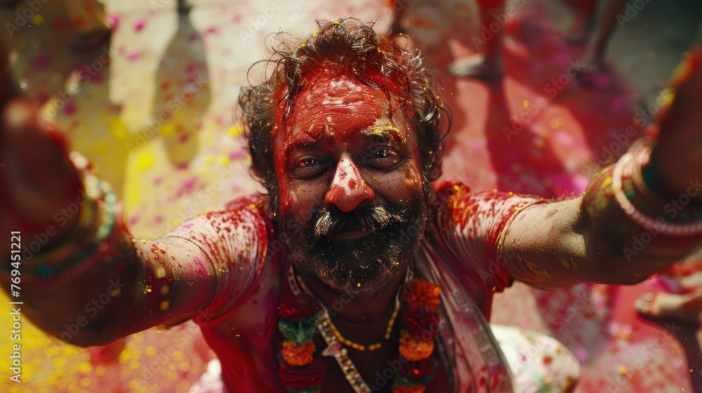 A lively Holi celebration in India with Indian men surrounded by colorful powder and enjoying crowds of people	