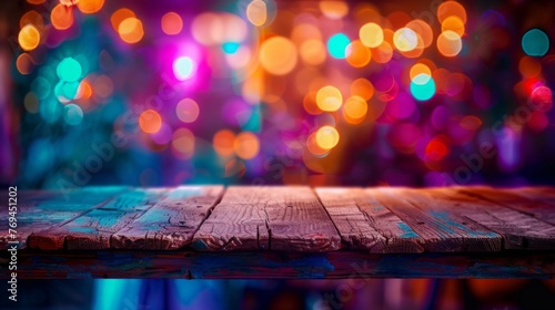 Empty wooden table with neon light bokeh background, night view, blurred bokeh lights background