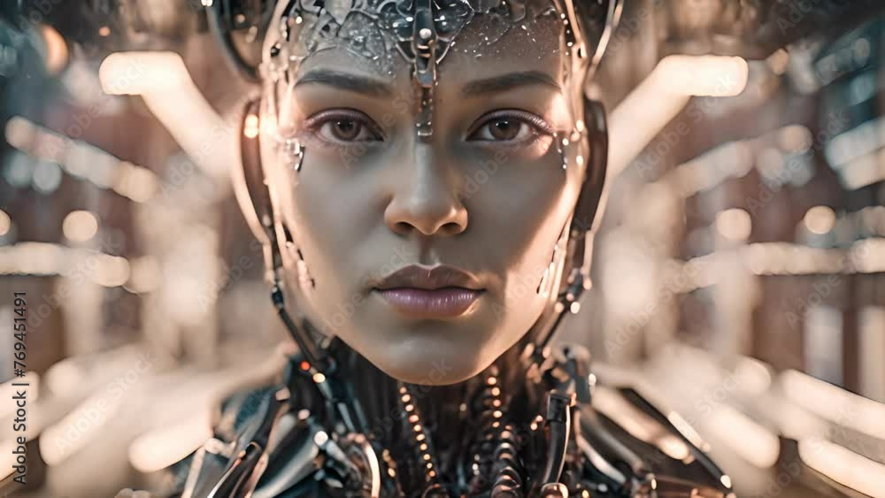 Profile view of an advanced cyborg with an illuminated helmet and ...