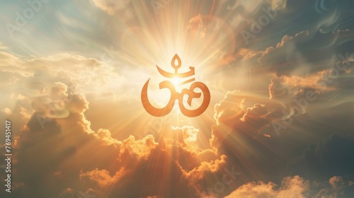 Hinduism aum floating in the air, clear silhouette on the background of light clouds, sun rays illuminate it from behind, the power of faith, light bright background