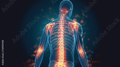 A medical illustration style illustration with an X-ray effect showing skin damage around the lower back that is highlighted with color on a transparent background.