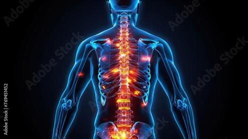 A medical illustration style illustration with an X-ray effect showing skin damage around the lower back that is highlighted with color on a transparent background.