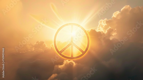 Peace symbol floating in the air, clear silhouette on the background of light clouds, sun rays illuminate it from behind, the power of faith, light bright background