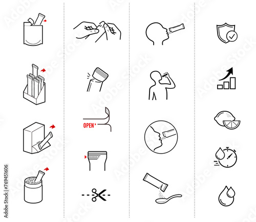 Icons of stick package bag set with samples, preparation instructions. Vector elements for infographics. Set of sign for detailed guideline. Ready for your design. EPS10.