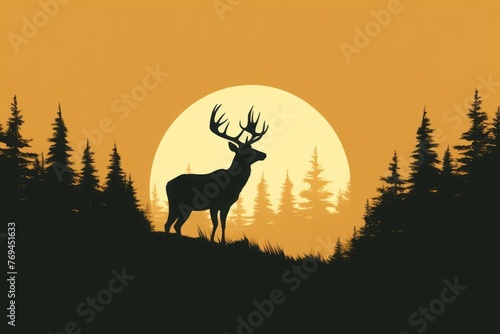 Within a minimalist composition, the outline of a deer's profile is depicted against a plain backdrop, symbolizing grace and elegance in nature. The simplicity and serenity of the forest habitat. © DK_2020