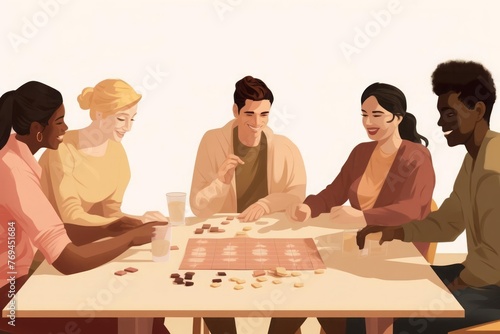 A minimalist illustration features a diverse group of people, including individuals with varied body types, skin tones, and hairstyles, gathered around a table playing board games together.