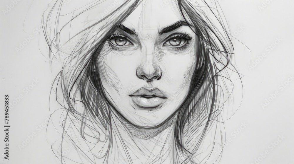 Quick contour lines free hand pencil beautiful woman face sketch - obrazy, fototapety, plakaty 