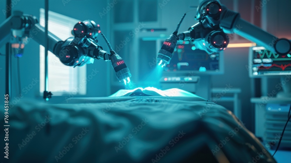 A futuristic medicine and laser surgery robot arm technology In the operating room for future precision surgery shows technological holograms. - obrazy, fototapety, plakaty 