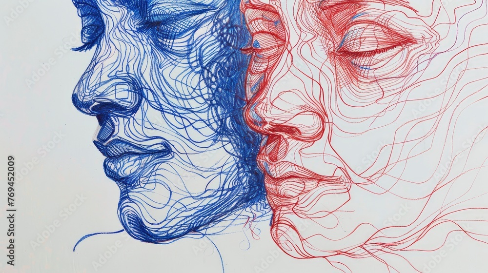 Quick contour lines free hand red and blue pen sketch - obrazy, fototapety, plakaty 