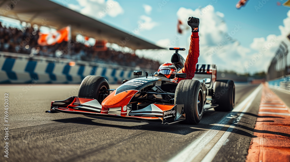 Naklejka premium Driver celebrate victory pass the finishing point Race car racing on a track