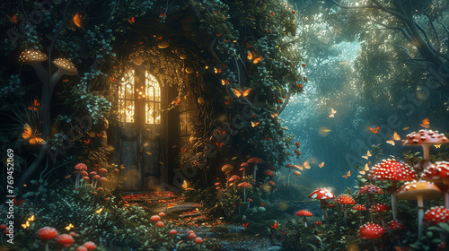 Fantasy enchanted fairy tale forest with magical opening secret door and mushrooms © Ummeya