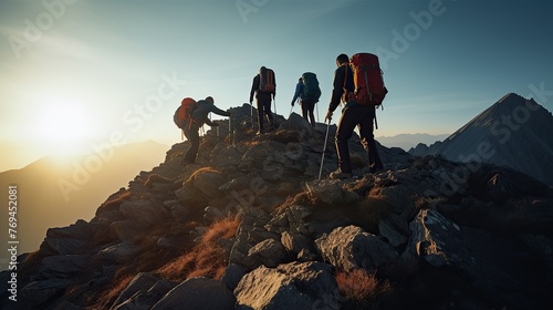 People help each other climb the mountain with rocks at sunrise
