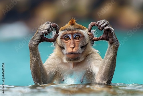 The cheerful expression of a monkey as it cheekily makes a heart shape with its hands, a funny twist on expressing love photo