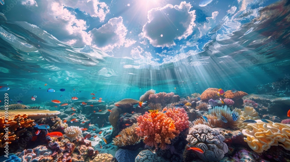 An underwater photography coral reef ecosystem diverse marine life lively colors illustrating the beauty and diversity of ocean life Diverse coral reef ecosystems vibrant marine life - obrazy, fototapety, plakaty 