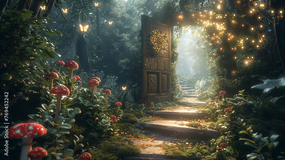 Fantasy enchanted fairy tale forest with magical opening secret door and mushrooms