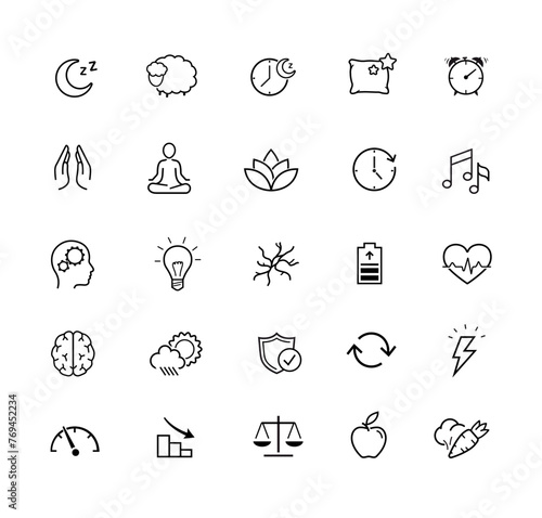 Vitality icon set for human-improving products, sleep, rest. The outline icons are well scalable and editable. Contrasting elements are good for different backgrounds. EPS10.