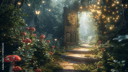Fantasy enchanted fairy tale forest with magical opening secret door and mushrooms #769452242