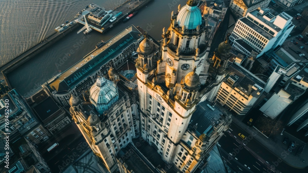 Aerial view of the Royal Liver building, a Grade I listed building in Liverpool, England,