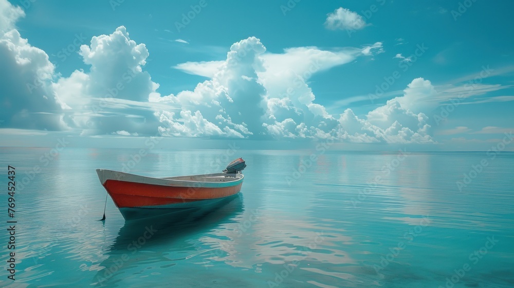 Serene Boat Drifts on Turquoise Waters under Blue Skies by the Calm Beach Serene Boat Drifts on Turquoise Waters under Blue Skies by the Calm Beach
