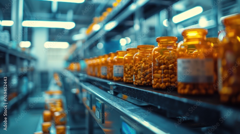 A pharmaceutical factory is arranging medicines on a conveyor belt.
