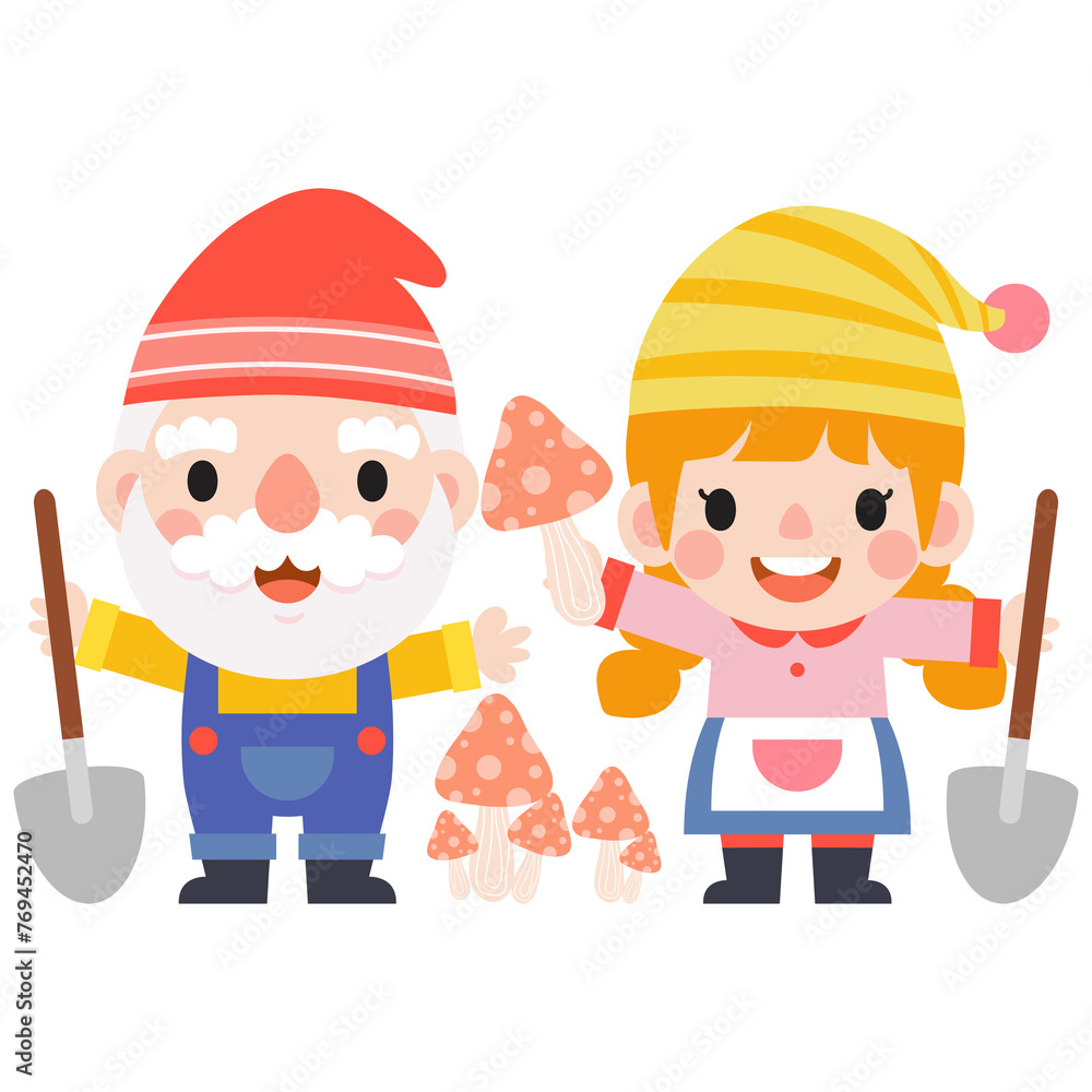 Garden Gnome and Woman cartoon, Gardening and Spring, Garden tools and decor collection Garden Gnome and Woman cartoon, Gardening and Spring, Garden tools and decor collection