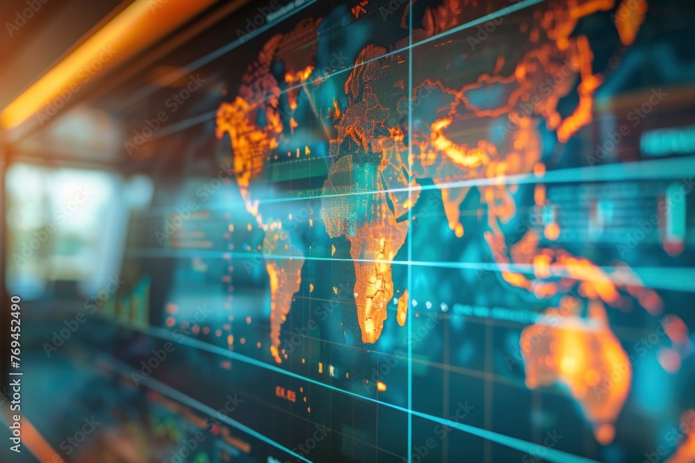 Fototapeta premium Digital world map highlighting temperature increase hotspots, indicating climate change urgency in a lab environment