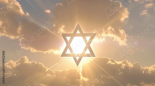 Symbol of Judaism six-pointed Star of David floating in the air, clear silhouette on the background of light clouds, sun rays illuminate it from behind, the power of faith, light bright background