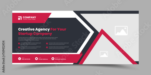 Dark red web cover and ads banner design with image placeholder for multipurpose agency