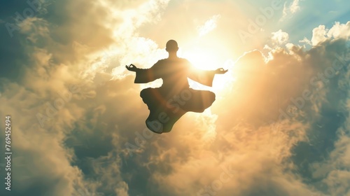 Symbol of Taoism floating in the air, clear silhouette on the background of light clouds, sun rays illuminate it from behind, the power of faith, light bright background photo