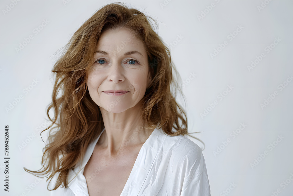 Closeup portrait of Beautiful mature woman, 50+ years, looking at the camera, white background Closeup portrait of Beautiful mature woman, 50+ years, looking at the camera, white background