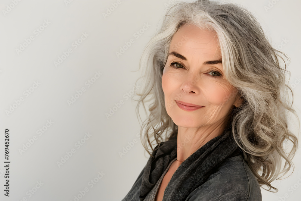 Closeup portrait of Beautiful mature woman, 50+ years, looking at the camera, white background Closeup portrait of Beautiful mature woman, 50+ years, looking at the camera, white background