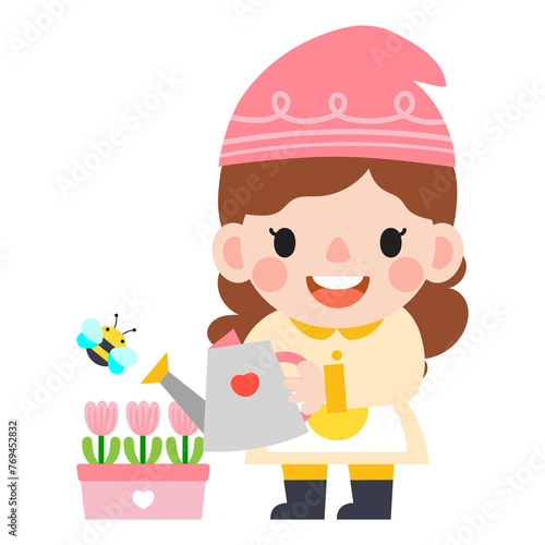 Garden Gnome and Woman cartoon, Gardening and Spring, Garden tools and decor collection