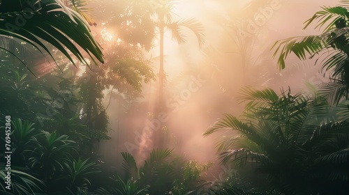 Sunlight filtering through dense jungle foliage at dawn, creating a vibrant backdrop of colors and textures, background, wallpaper