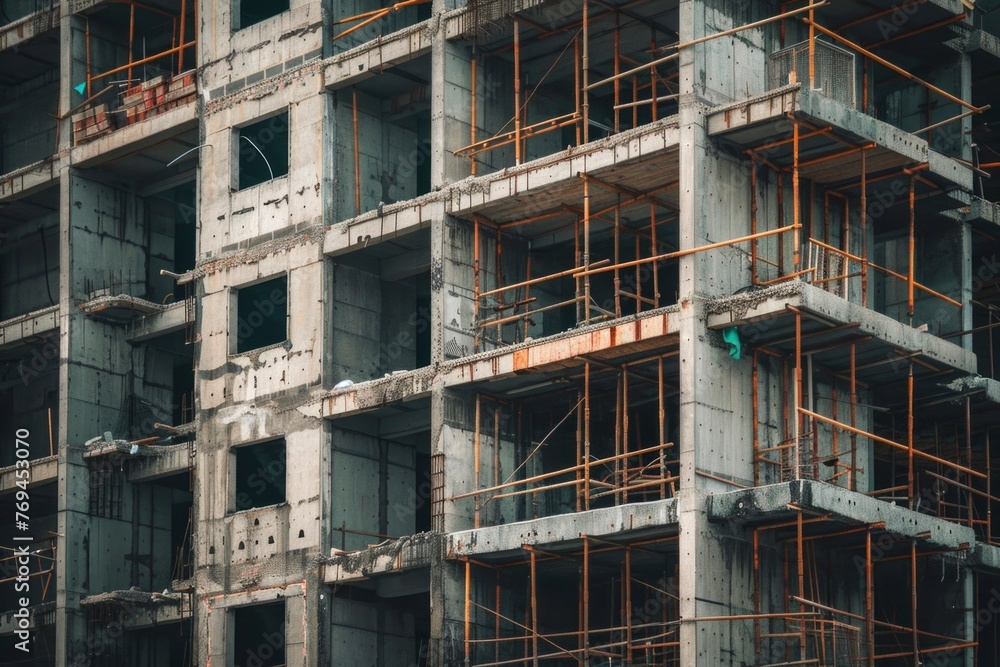 A close-up of a half-finished building reveals the halted progress of China's real estate, rusted rebar and exposed concrete echoing economic woes.