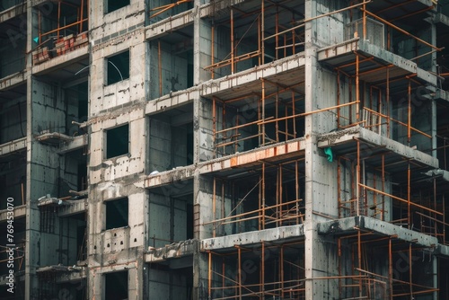 A close-up of a half-finished building reveals the halted progress of China s real estate  rusted rebar and exposed concrete echoing economic woes.