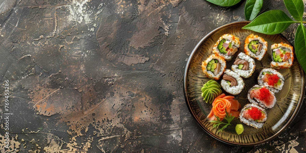 An exquisite sushi platter artistically presented, featuring a variety of rolls and sashimi with fresh garnishes An exquisite sushi platter artistically presented, featuring a variety of rolls and sashimi with fresh garnishes
