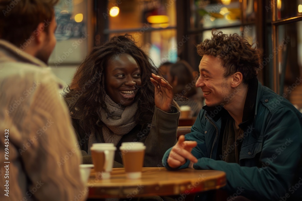 A diverse group of friends gathers at a bustling cafe, chatting and laughing over cups of coffee. The atmosphere is vibrant and convivial, capturing the warmth of friendship.