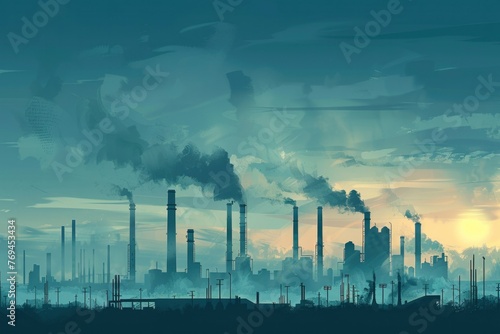 Eerie industrial skyline with smog-filled air, portraying pollution and environmental issues.