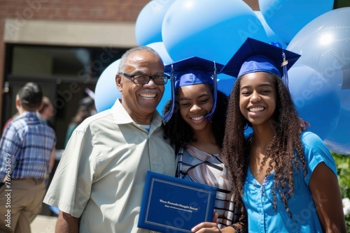 Radiant African American graduate with family, sharing a joyful moment with balloons and diploma in hand