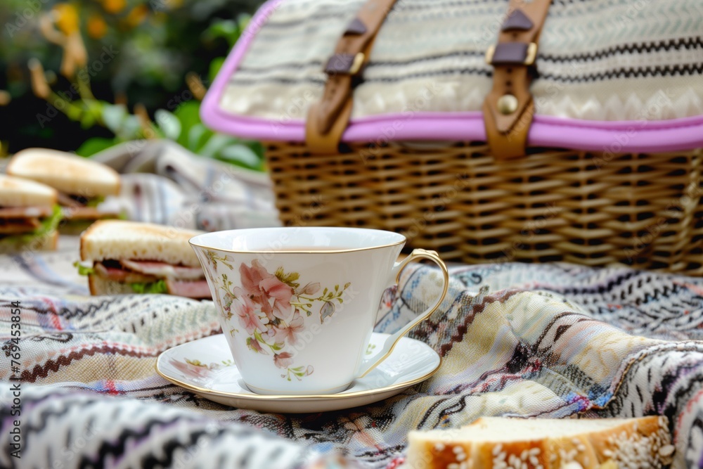 teacup on a picnic blanket with a basket and sandwiches