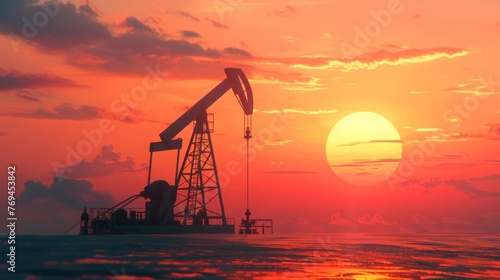 An oil pumpjack rig extracting crude oil amidst the vast ocean, under the warm hues of a sunset