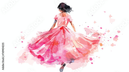 Pretty Lady wearing pink floral dress Watercolor flat